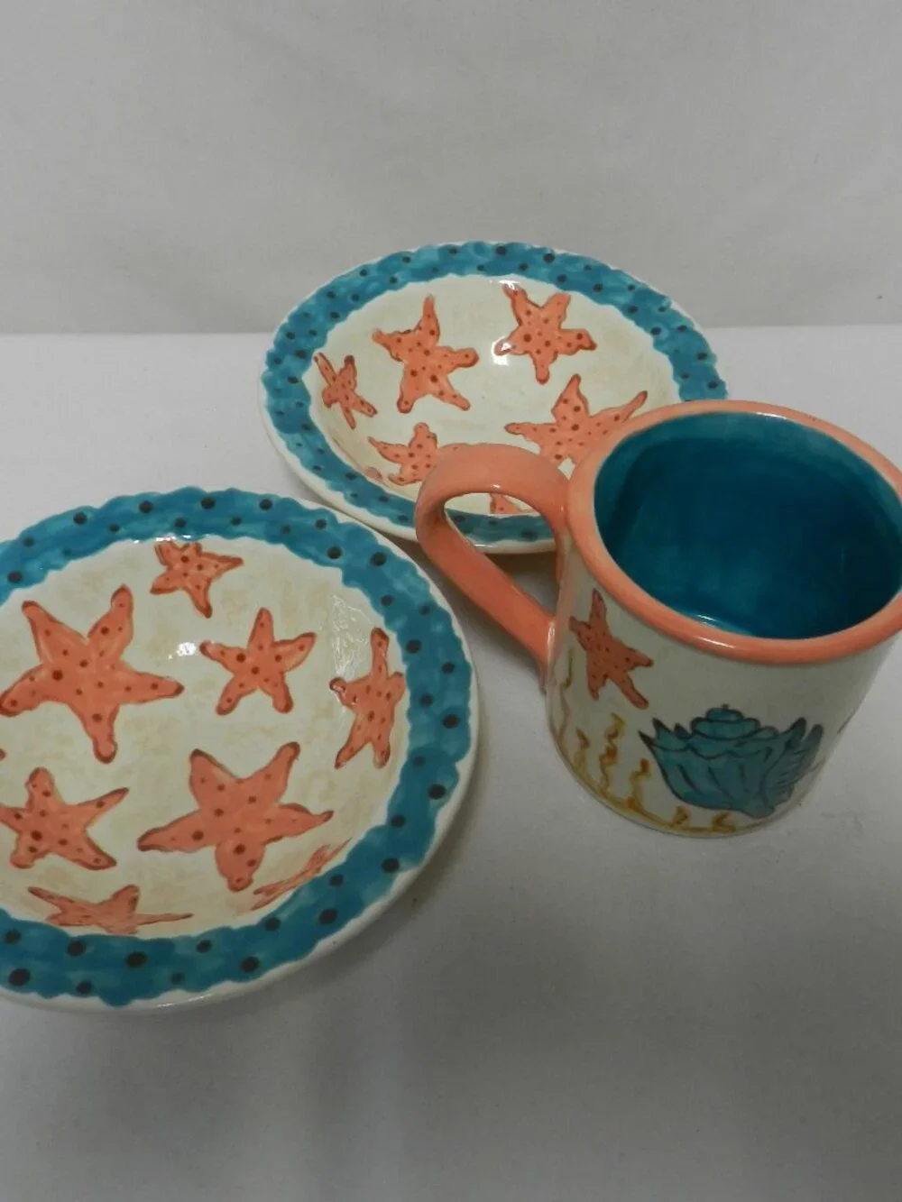 Barbara Walter & Safe Haven Studio Art Pottery Nautical Starfish 2 bowls mug